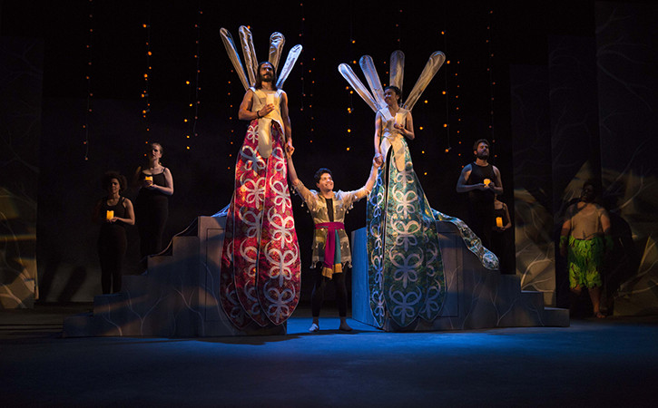 Students on stage in costume in A Midsummer Nights Dream