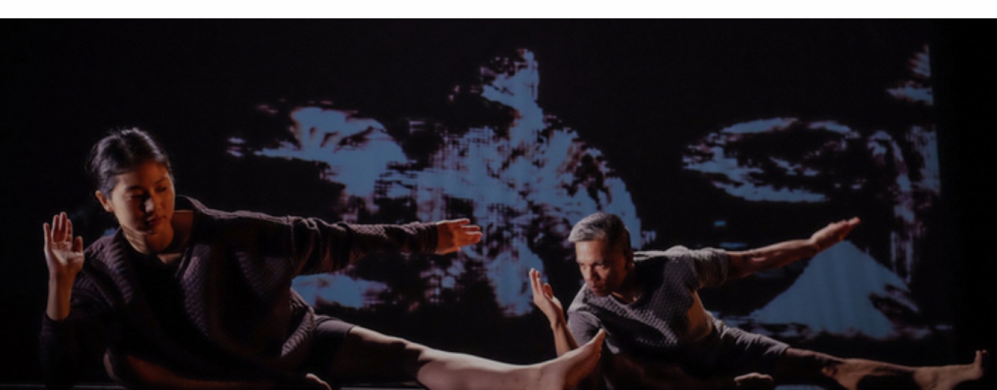 A purple and White square with an image of two dancers with their legs stretched to either side of them on a dance floor against a projected backdrop with a blue and black image, text in white reads Volume 42, 2023, Dancing in the Aftermath of Anti-Asian Violence 