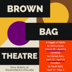 Pop art graphic of circles, triangles, squares, in bright colors. Text reads Brown Bag Theatre and the names of three plays: Eurydice, Lyrebirds, and A Gaggle of Saints