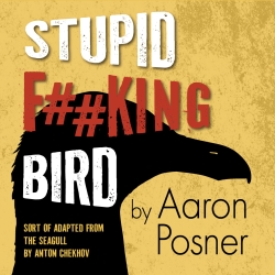 Yellow background with silouette of a seagull head in the foreground. Stylized text reads STUPID F##KING BIRD, By Aaron Posner.