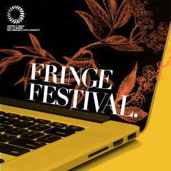 Graphic of an open laptop with an image of bronze-colored flowers. Text reads Fringe Festival.