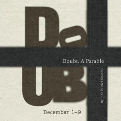 Cream-colored backround and dark lettering that reads Doubt. In smaller white letters it reads Doubt: A Parable, by John Patrick Shanley