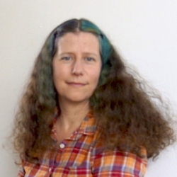 Headshot of Nicole Gluckster, wearing an orange plaid shirt and a green streak in long wavy brown hair