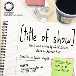 Promo photo of a notebook, coffee cup, paperclips, and an eraser. Text reads Title of Show, music and lyrics by Jeff Bowen, Book by Hunter Bell, directed by Laura Wayth