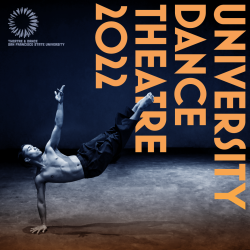 A bare-chested dancer balancing on one hand in blue light. Text reads University Dance Theatre 2022