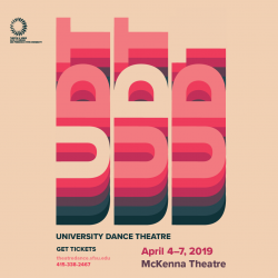 Graphic design of three bars of text stacked against each other. The text reads UDT. Additional text reads University Dance Theatre, April 4-7, 2019 McKenna Theatre.