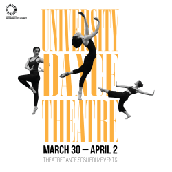 Graphic with a white background and stylized elongated text in orange that reads University Dance Theatre. The bodies of three dancers in motion are superimposed over the text.