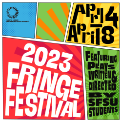 Brightly colored black of sunburst graphics on a white background with chunky text that reads 2023 Fringe Festival, April 4-April 8, Featuring plays written and directed by SFSU students