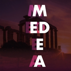 A graphic of a greek ruin in saturated purple twilight. Text reads Medea.