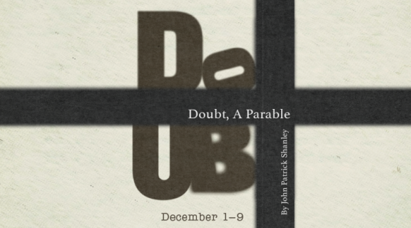 Cream-colored background with the word DOUBT spelled out in large black letters. In white text it also reads Doubt, a Parable, by John Patrick Shanley