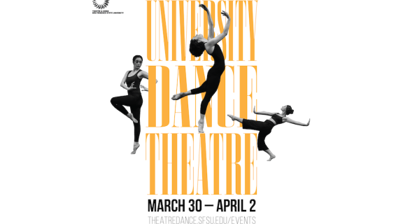 white background with elongated orange text that reads University Dance Theatre and has three black0-and-white images of dancers in leotards engaging with the text
